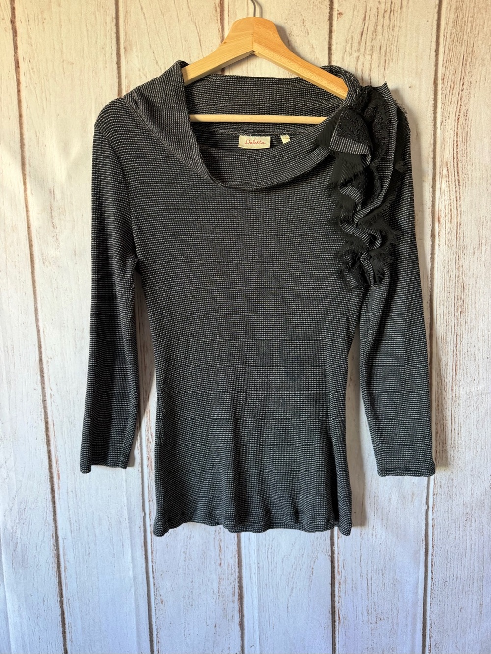 Deletta Anthropologie Ruffled Cowl Neck Top SizeS Black Gray Striped Knit